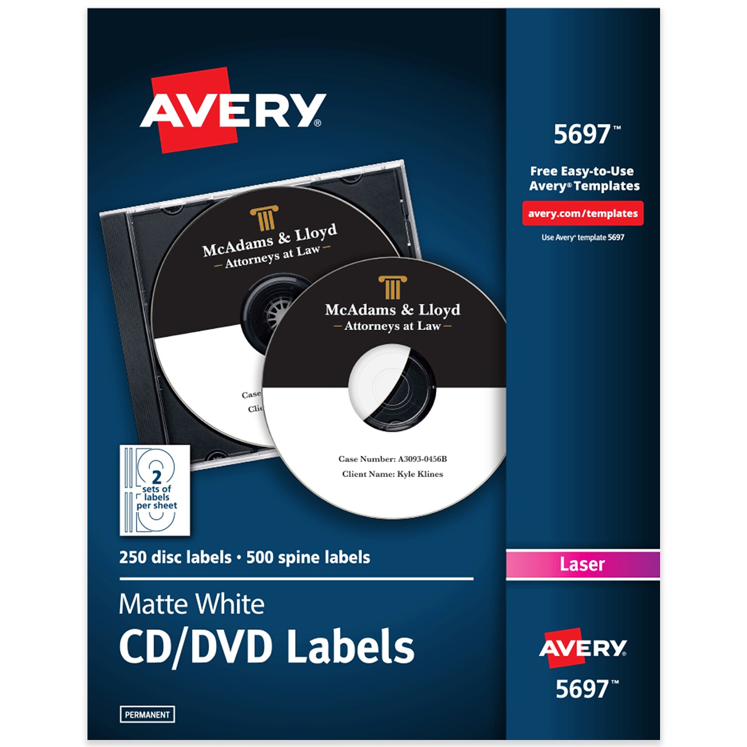Avery Laser CD Labels, White, 2 Labels/Sheet, 125 Sheets/Pack, 250 Labels/Pack (5697)