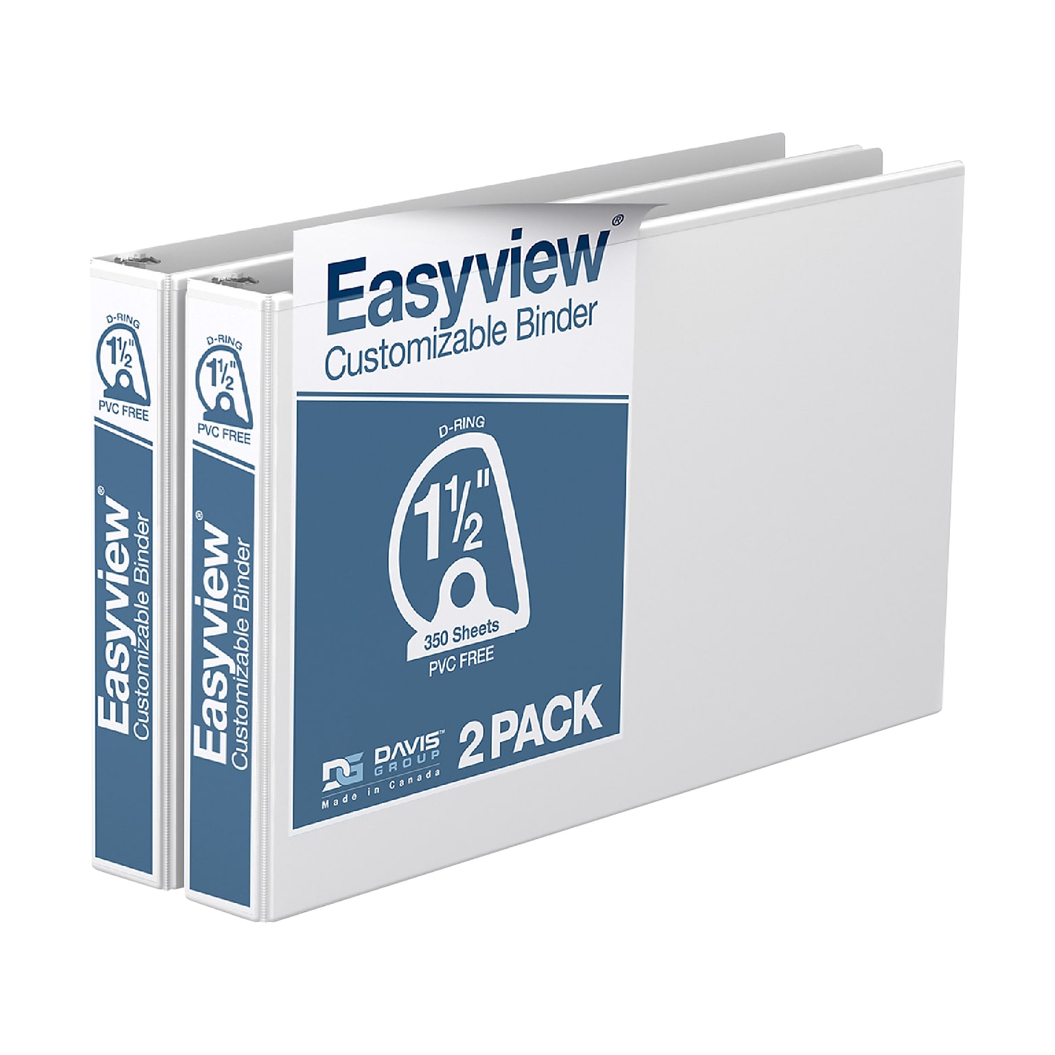 Davis Group Easyview Premium 1 1/2 3-Ring View Binders, D-Ring, White, 2/Pack (8602-00-02)