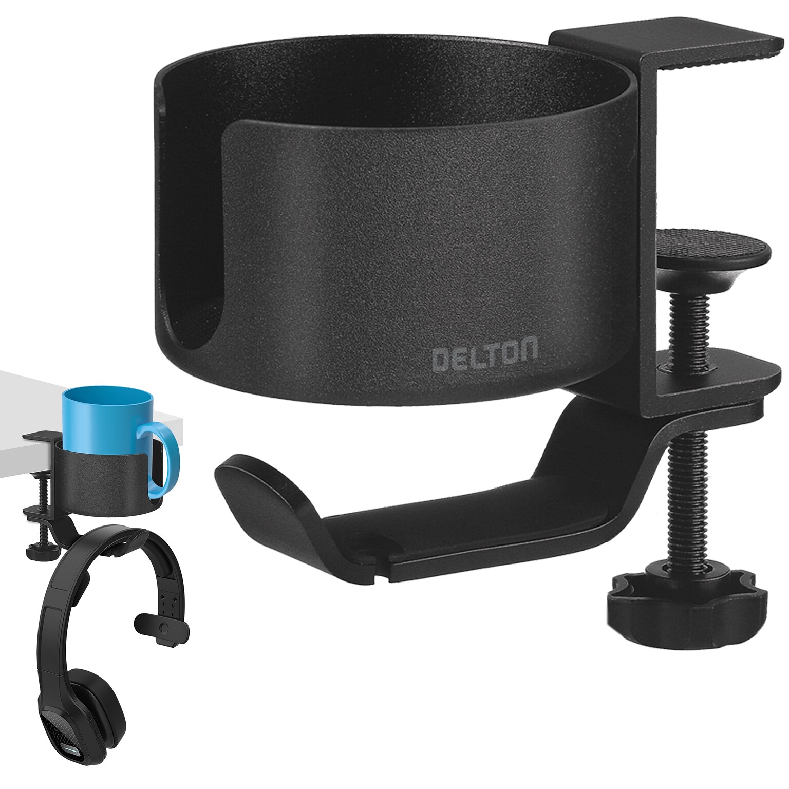 Delton H22 Under Desk Cup Holder and Desk Hook for Headphones, Black (DHSCH22)