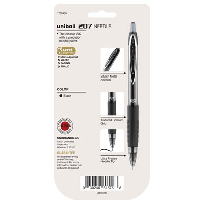 uni-ball 207 Needle Retractable Gel Pens, Medium Point, 0.7mm, Black Ink, 4/Pack (1738430)