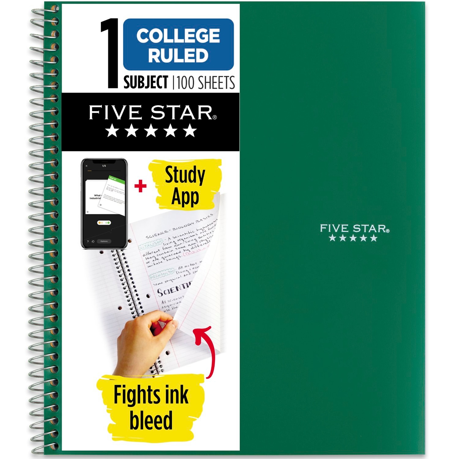 Five Star Wirebound Notebook, 1-Subject Notebook, 8.5 x 11, College Ruled, 100 Sheets, Green (72055)