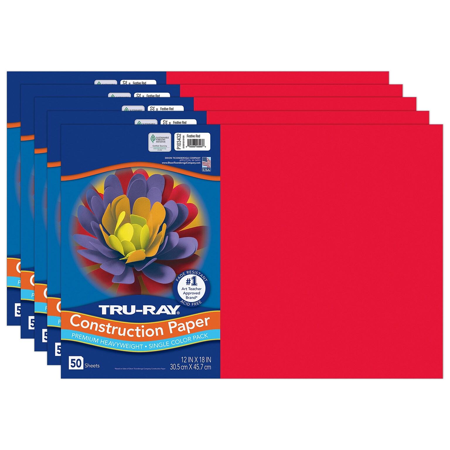 Tru-Ray 12 x 18 Construction Paper, Festive Red, 50 Sheets/Pack, 5 Packs/Bundle (PAC103432-5)