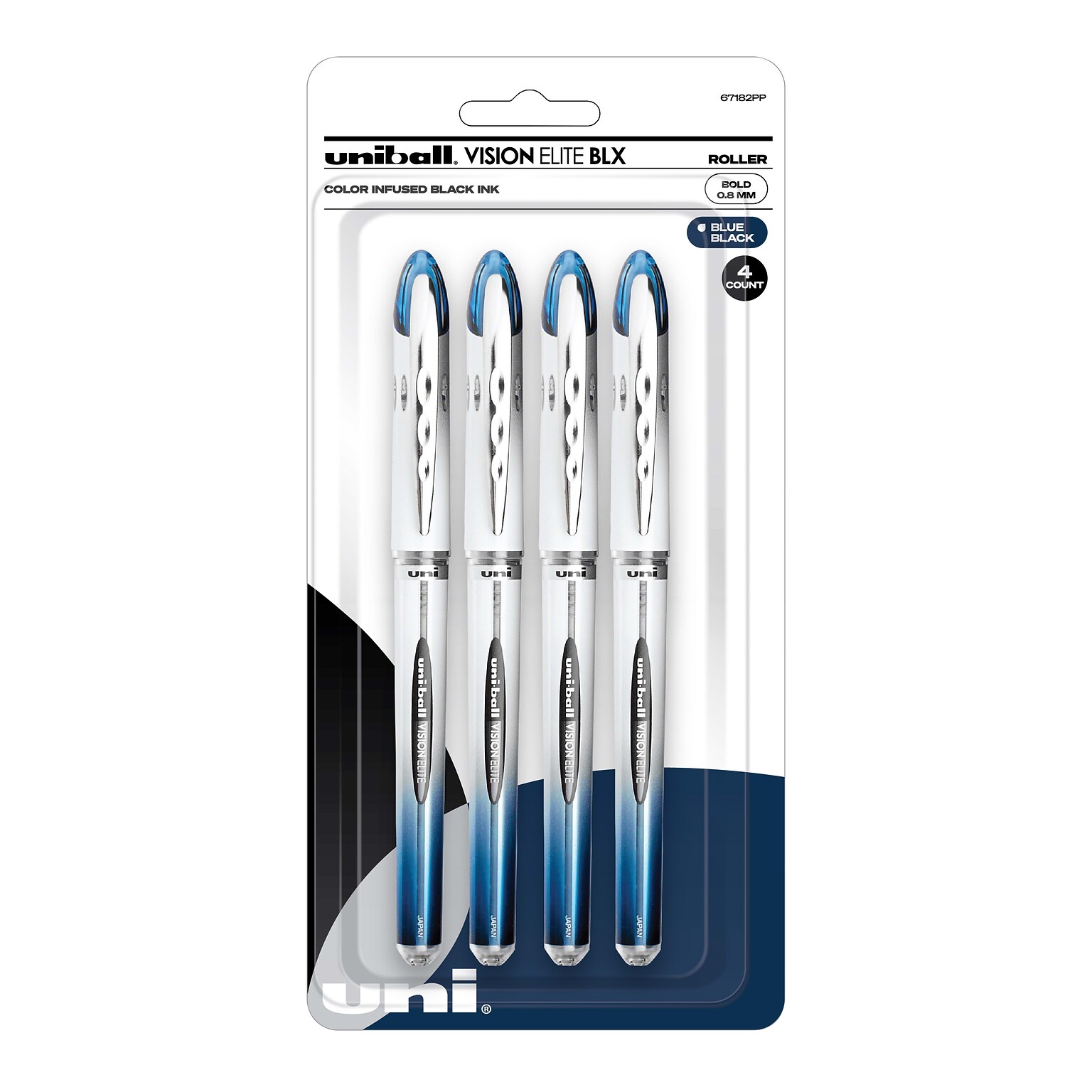 uniball Vision Elite Rollerball Pens, Bold Point, Blue/Black Ink, 4