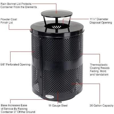 Global Industrial Outdoor Perforated Steel Trash Can w/ Rain Bonnet Lid, 36 Gallon, Black (261927BK)