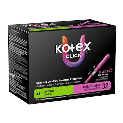 U by Kotex Click Super Absorbency Compact Tampon, Plastic Applicator, Unscented, 32/Pack (51584)