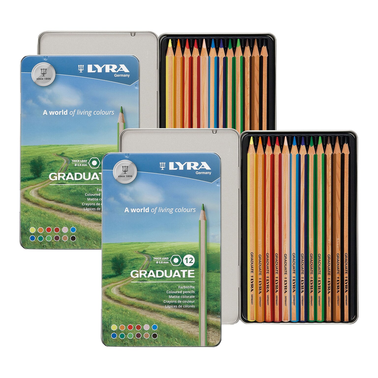 Lyra Graduate Colored Pencils Set Tin, Assorted Colors, 12 Pencils/Set, 2 SetsBundle (LYXL2871120-2)