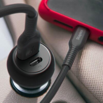 Staples TECH USB-A/USB-C Car Charger, 32W, Black (ST62340)