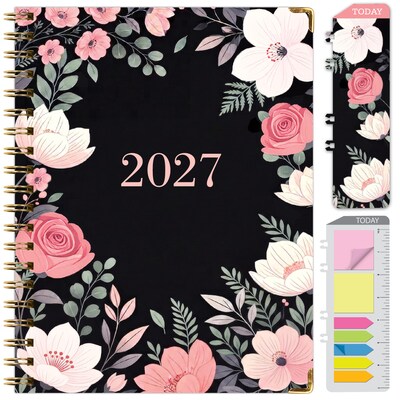 2027 Excello Brands 9 x 11 Weekly & Monthly Standard Planner, Paperboard Cover, Black Floral Pink (FSHN-CY27-8511-06)