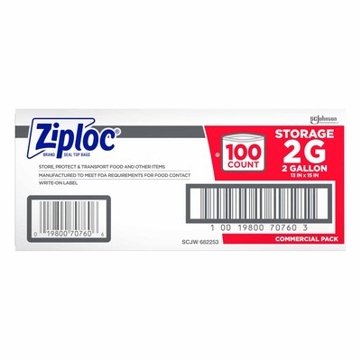 Ziploc Double Zipper Freezer Storage Bags, 2 Gallon, 100 Bags/Carton  (682254)