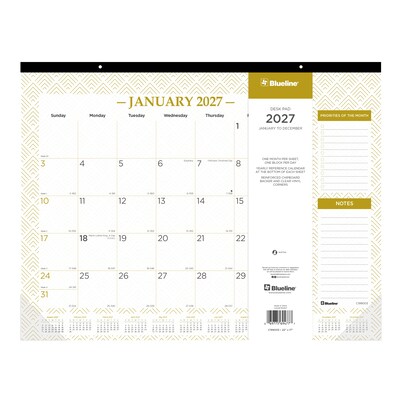 2027 Blueline Classic Gold 22" x 17" Monthly Desk Pad Calendar, White/Gold (C199003-27)