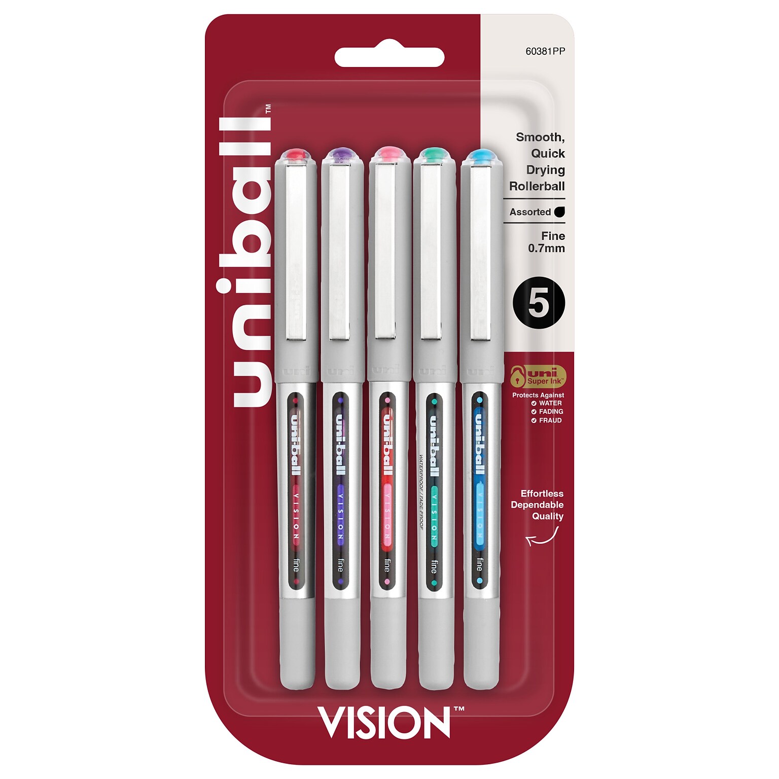 uni-ball VISION Rollerball Pens, Fine Point, Assorted Colors Ink, 5/Pack (60381)