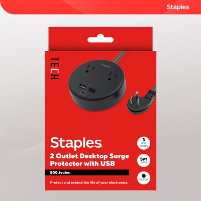 Staples TECH 2-Outlet 3-USB Port Surge Protector, 5', 500 Joules, Black (ST62772)