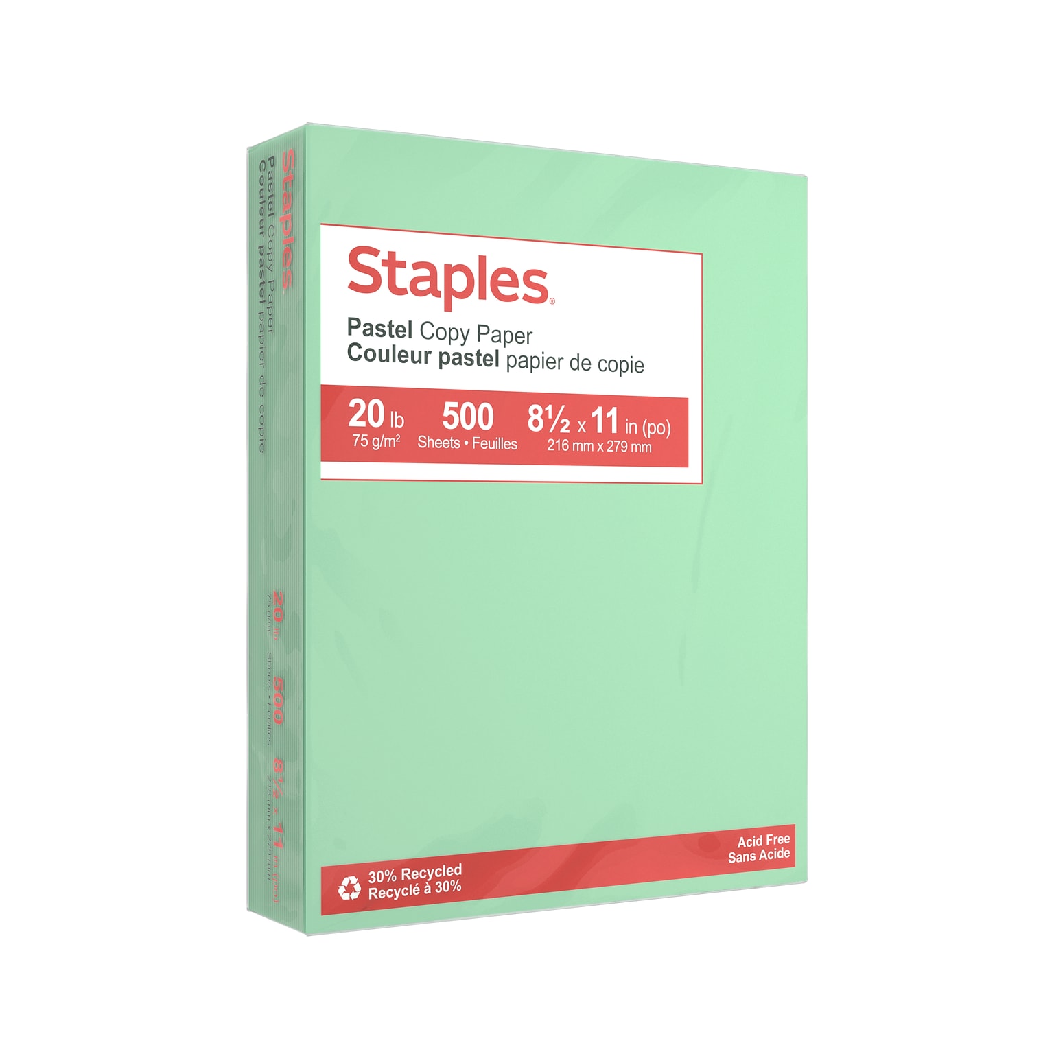 Staples Pastel 30% Recycled Color Copy Paper, 20 lbs., 8.5 x 11, Green, 500/Ream (14781)