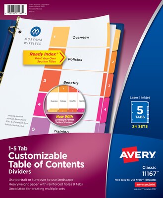 Avery Ready Index Table of Contents Paper Dividers, 1-5 Tabs, Multicolor, 24 Sets/Box (11167)