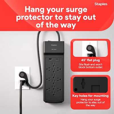 Staples TECH 12-Outlet 2-USB Port Surge Protector, 8', 3900 Joules, Black (ST62774)