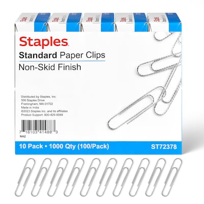 Staples Standard Paper Clips, Silver, 100 Clips/Pack, 10 Packs (A7026599A/50452)