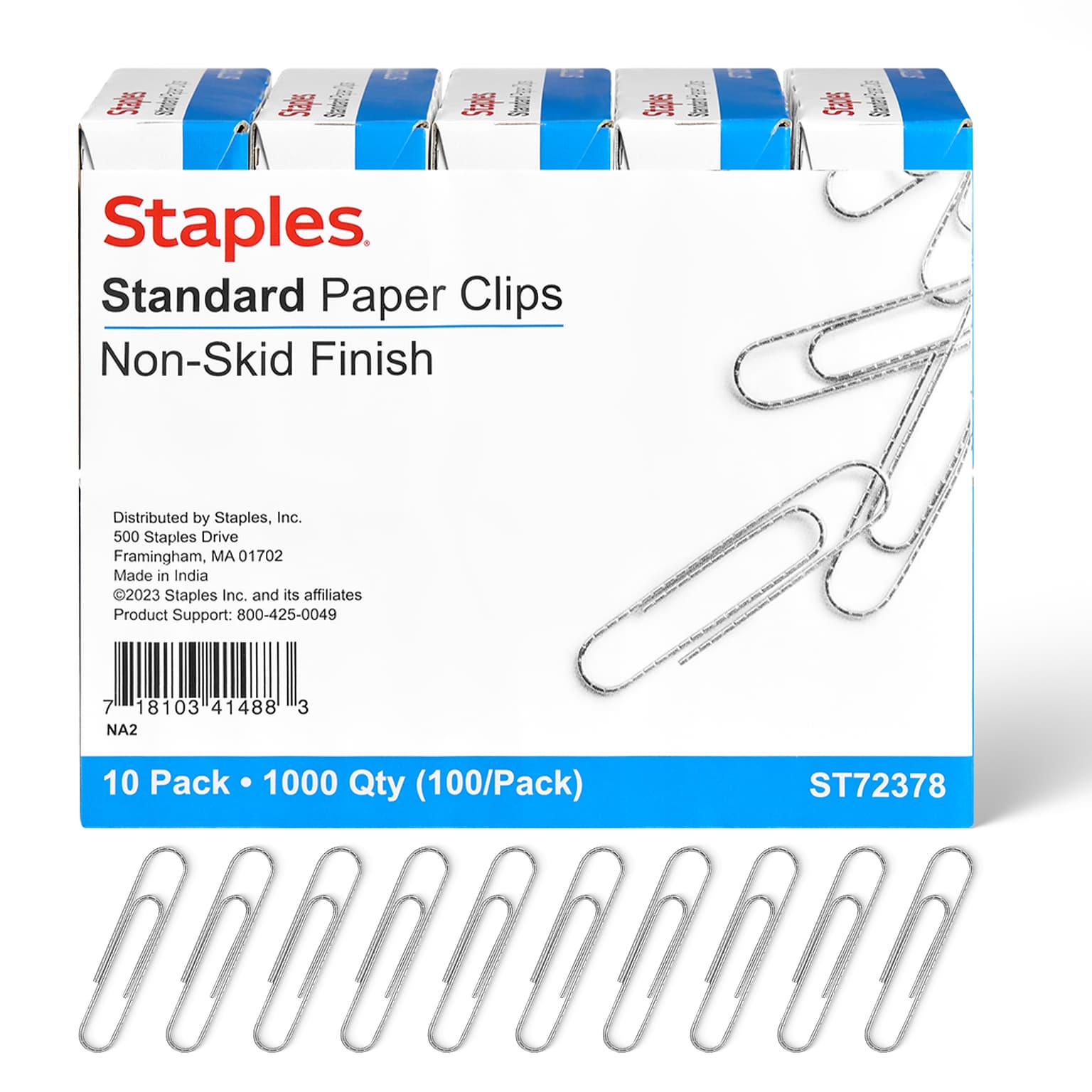 Staples Standard Paper Clips, Silver, 100 Clips/Pack, 10 Packs (A7026599A/50452)