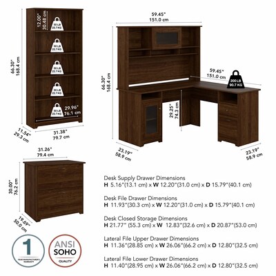 Bush Furniture Cabot 60"W L Shaped Computer Desk with Hutch, File Cabinet and Bookcase, Modern Walnut (CAB010MW)