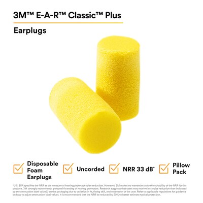 3M E-A-R Classic Uncorded Earplugs, 33 dB, Yellow, 200/Box (310-1101)