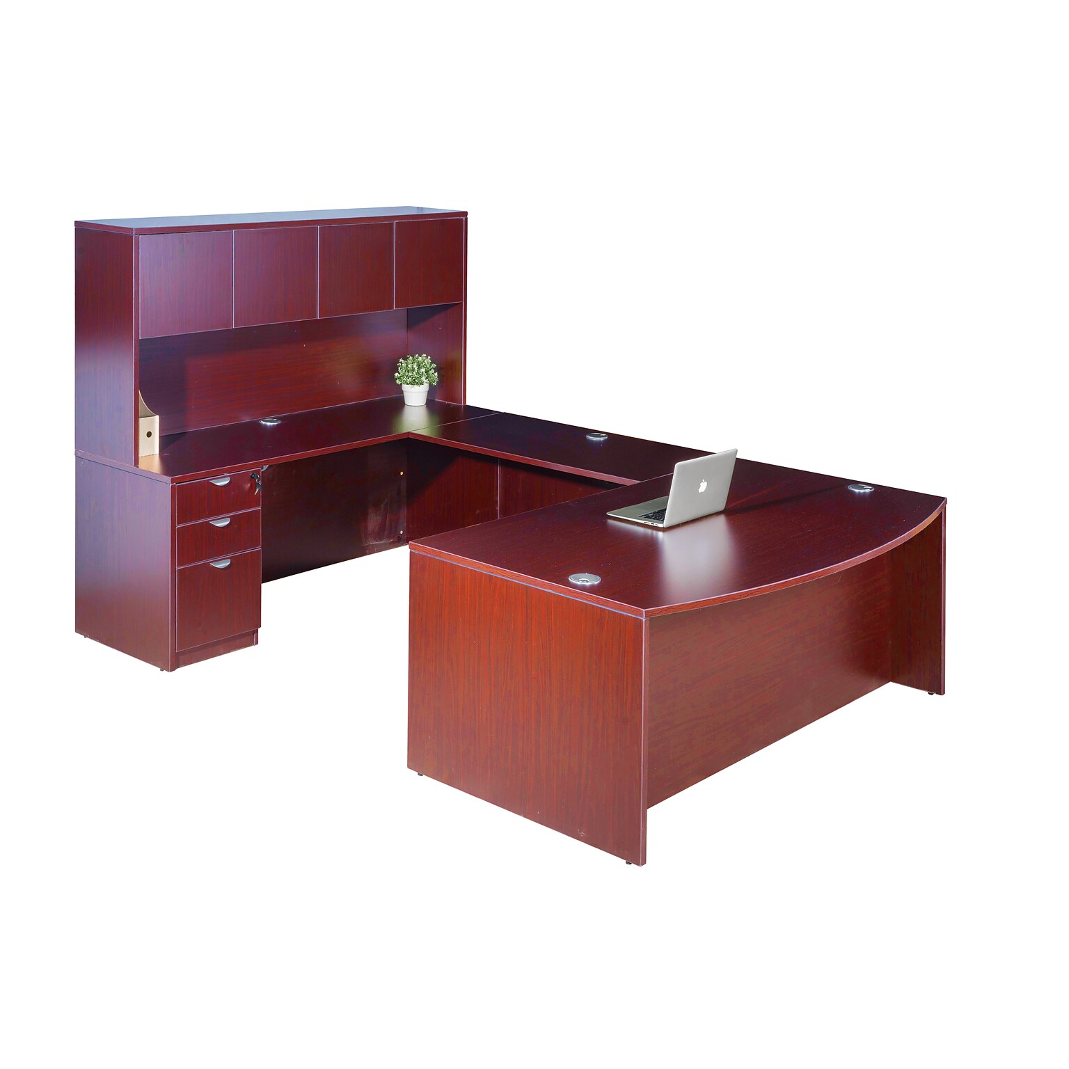 Boss Office Products 71 U-Shaped Curved Bow Desk with File Pedestal and Hutch, Mahogany (GROUPAH-M)