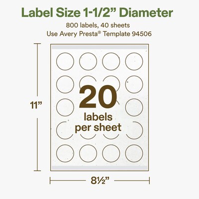 Avery Hemp Round Laser/Inkjet Multipurpose Labels, 1-1/2" Dia, Off-White (800/Box)