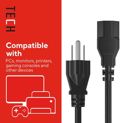 Staples TECH 6 ft. AC Power Cord, Male to Male, Black (ST62398)