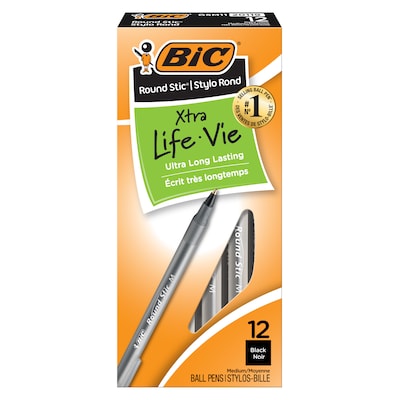 BIC Round Stic Xtra-Life Ballpoint Pen, Medium Point, 1.0mm, Black Ink, Dozen (GSM11BK)