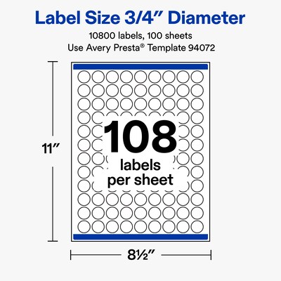 Avery Round Laser/Inkjet Multipurpose Labels, White, 108 Labels/Sheet, 100 Sheets/Pack (19479311214)