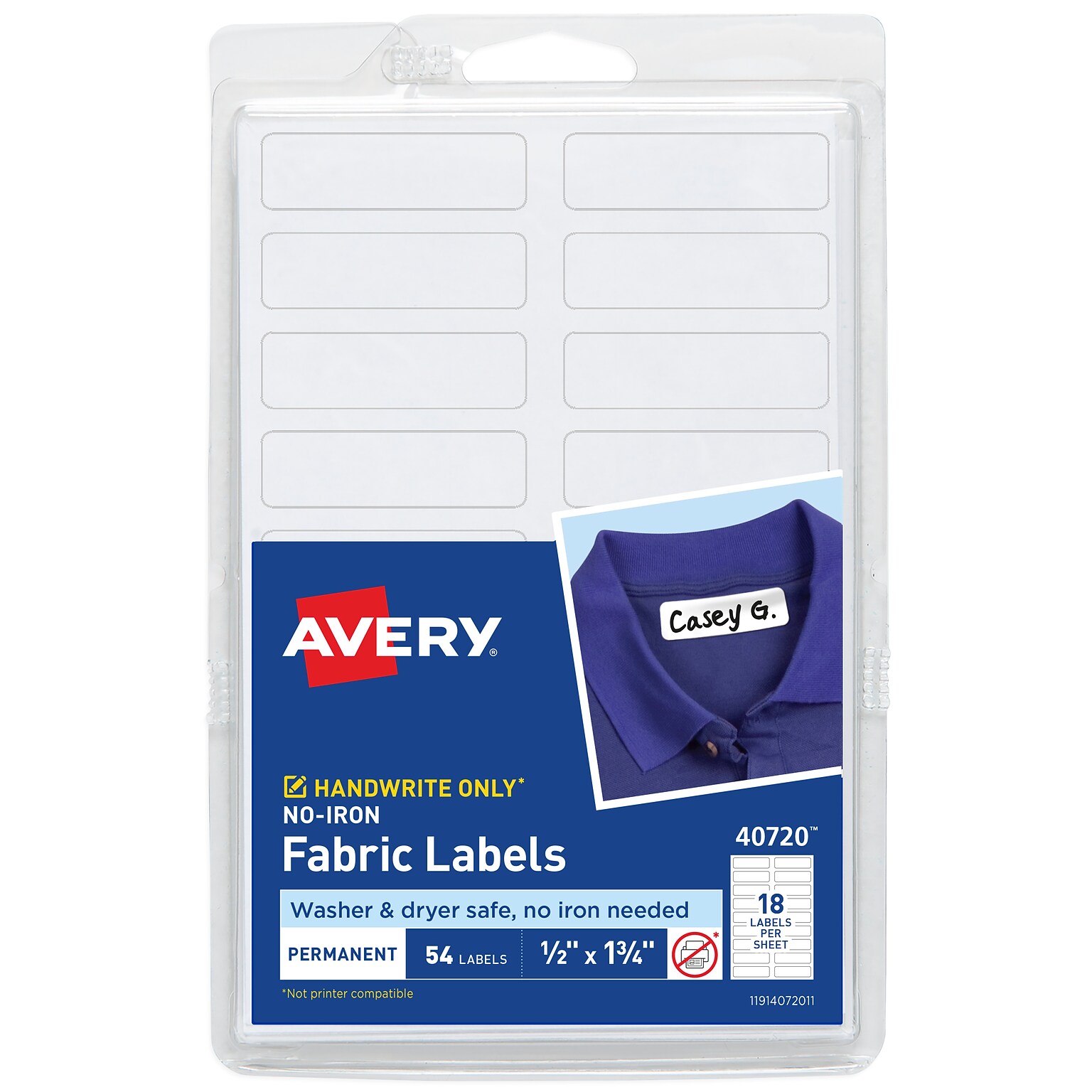 Avery No-Iron Fabric Labels on 4 x 6 Sheets, 1/2 x 1-3/4, White, Non-Printable, 54 Labels/Pack (40720)