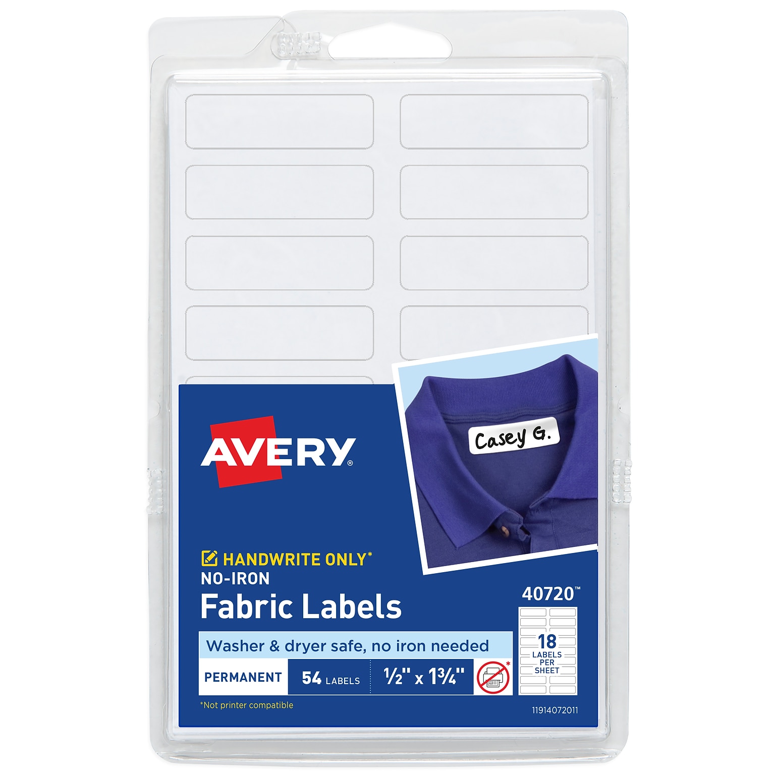 Avery No-Iron Fabric Labels, 1/2 x 1-3/4, White, Non-Printable, 18 Labels/Sheet, 3 Sheets/Pack, 54 Labels/Pack (40720)