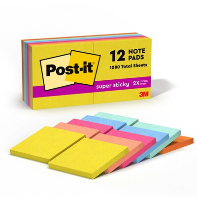 Post-it Super Sticky Notes, 3 x 3, Summer Joy Collection, 90 Sheets/Pad, 12 Pads/Pack (654-12SSJOY)