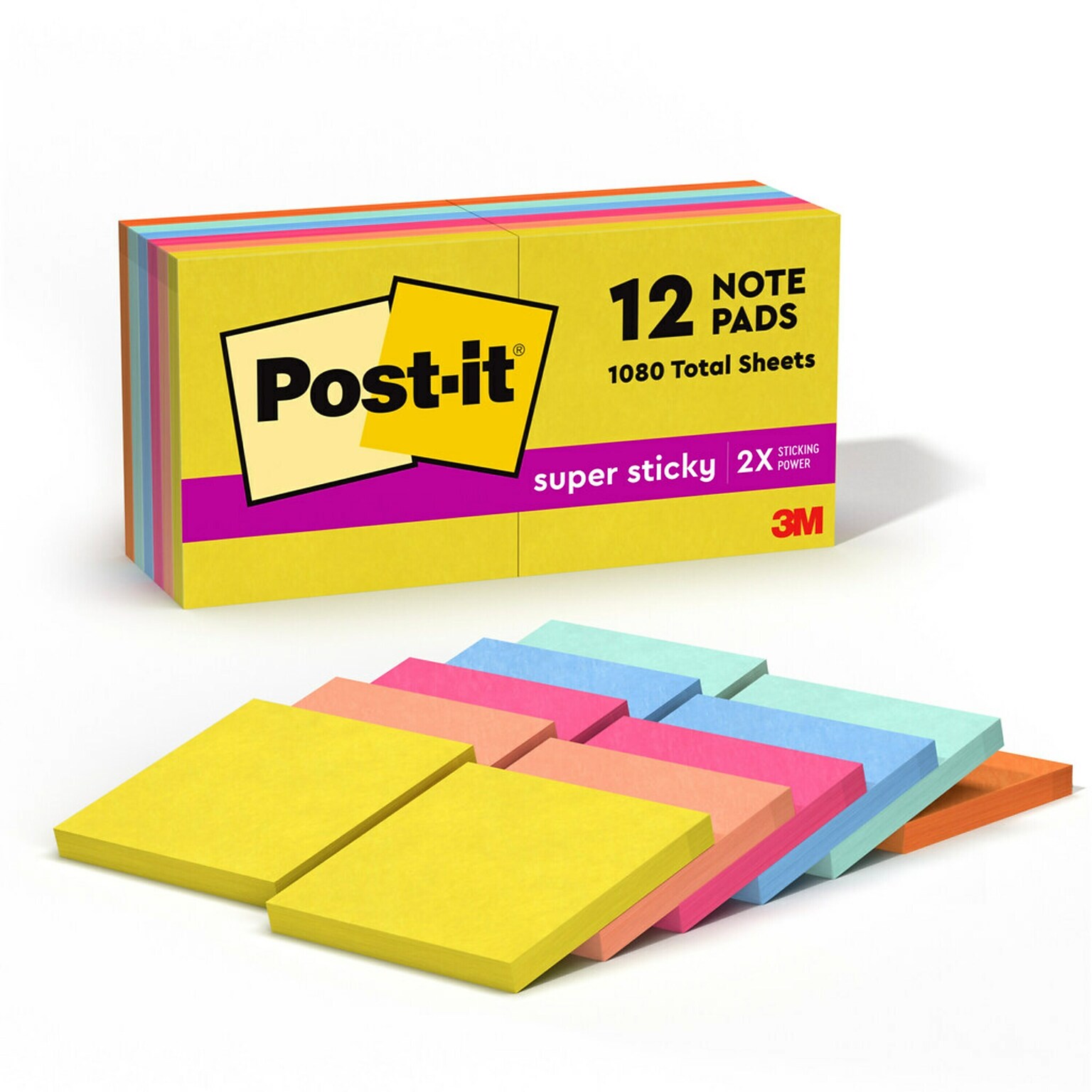 Post-it Super Sticky Notes, 3 x 3, Summer Joy Collection, 90 Sheets/Pad, 12 Pads/Pack (654-12SSJOY)
