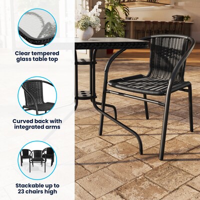 Flash Furniture Lila 28'' Square Table with 4 Rattan Stack Chairs, Black (TLH073SQ037BK4)
