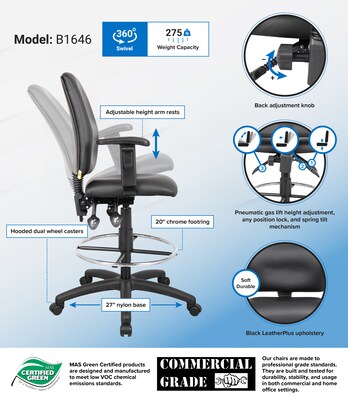 Boss® Multi-Function LeatherPlus Drafting Stool with Adjustable Arms