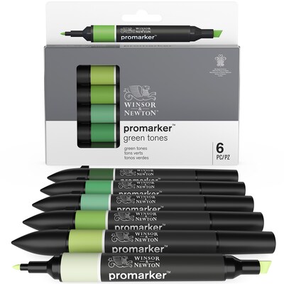 Winsor & Newton Promarker Dual-Tip Alcohol Based Marker, Green Tones, 6/Pack (WNX0290158)