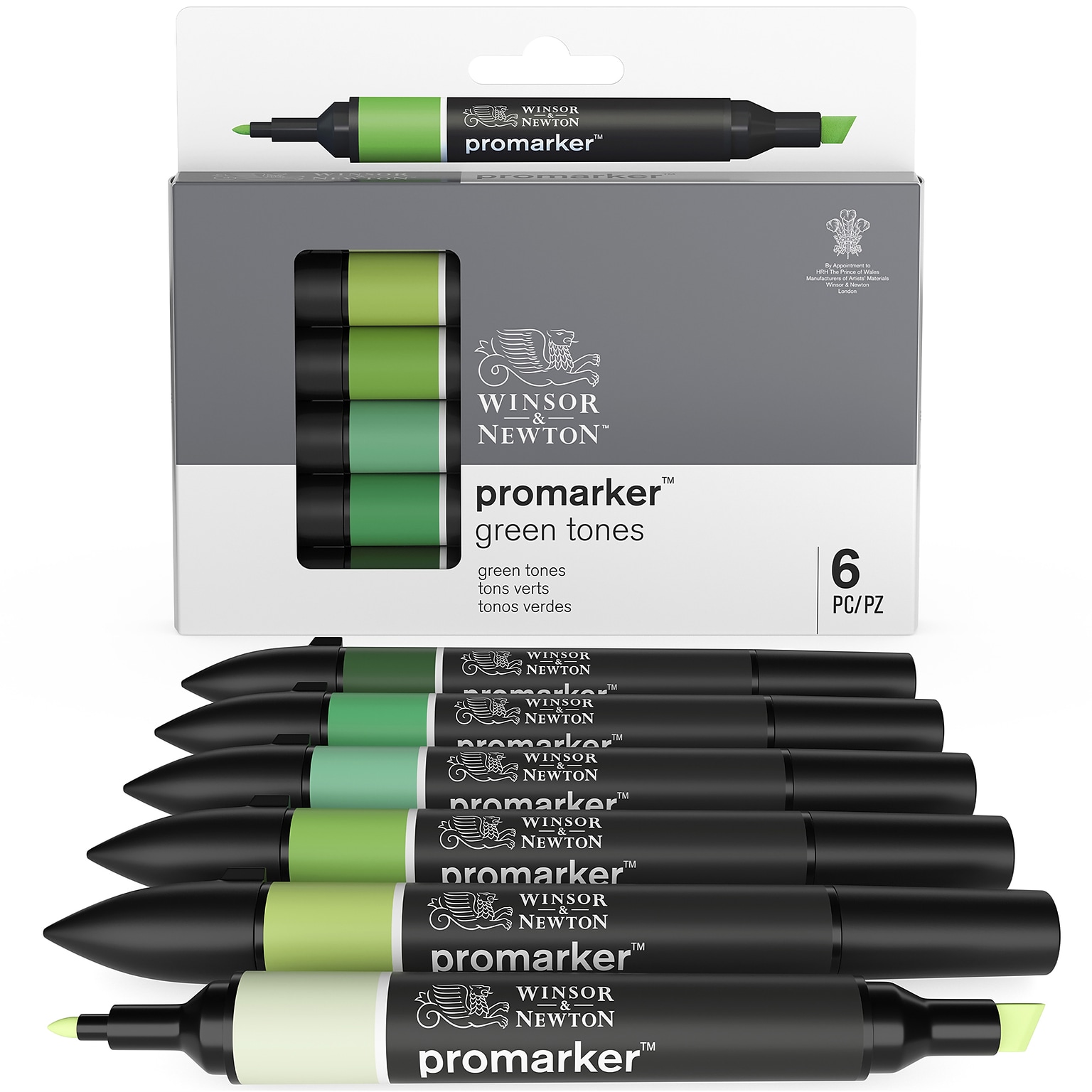 Winsor & Newton Promarker Dual-Tip Alcohol Based Marker, Green Tones, 6/Pack (WNX0290158)
