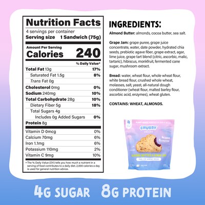 Chubby Snacks Almond Butter & Grape Jam Sandwich, 10.6 oz, 12/Pack (600-04138)