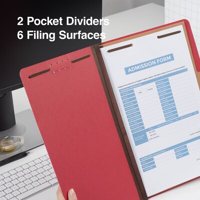 Quill Brand® 2/5-Cut Pressboard Classification Folders with Pockets, 2-Partitions, 6-Fasteners, Legal, Red, 15/Box (737030)