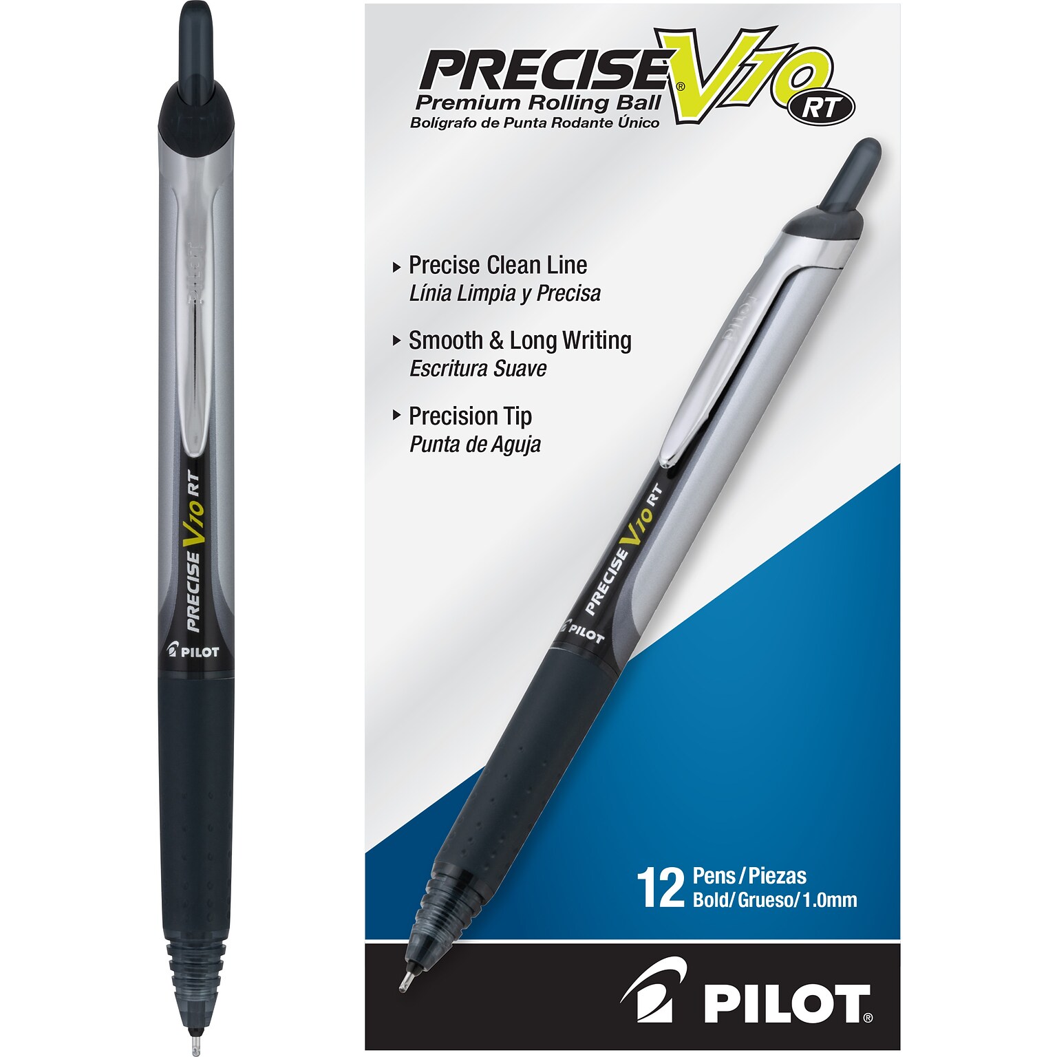 Pilot Precise V10 Retractable Rollerball Pens, Bold Point, 1.0mm, Black Ink, Dozen (PV1R-BLK)