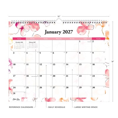 2027 Blue Sky Lindley 15 x 12 Monthly Wall Calendar, Pink/White (117888-27)
