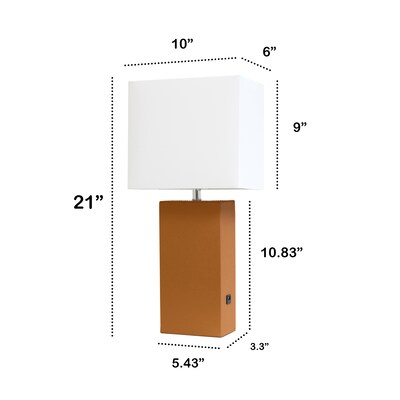 Lalia Home Lexington 21" Leather Base Modern Bedside Table Lamp, White Fabric Shade, Feit LED Bulb, Tan (LHT-3012-TN-LB)