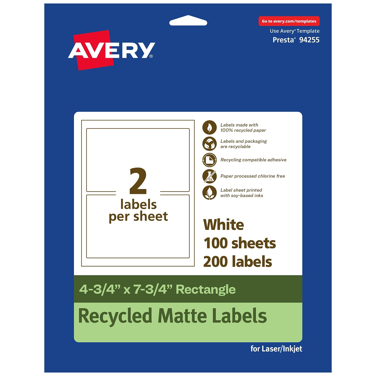 Avery EcoFriendly Laser/Inkjet Rectangle Multipurpose Labels, 4-3/4 x 7-3/4, White, 200/Box (94255)