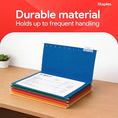 Staples Heavy Duty Reinforced Hanging File Folders, 1/5-Cut Tab, Legal Size, Assorted Colors, 25/Box (ST18657-CC)