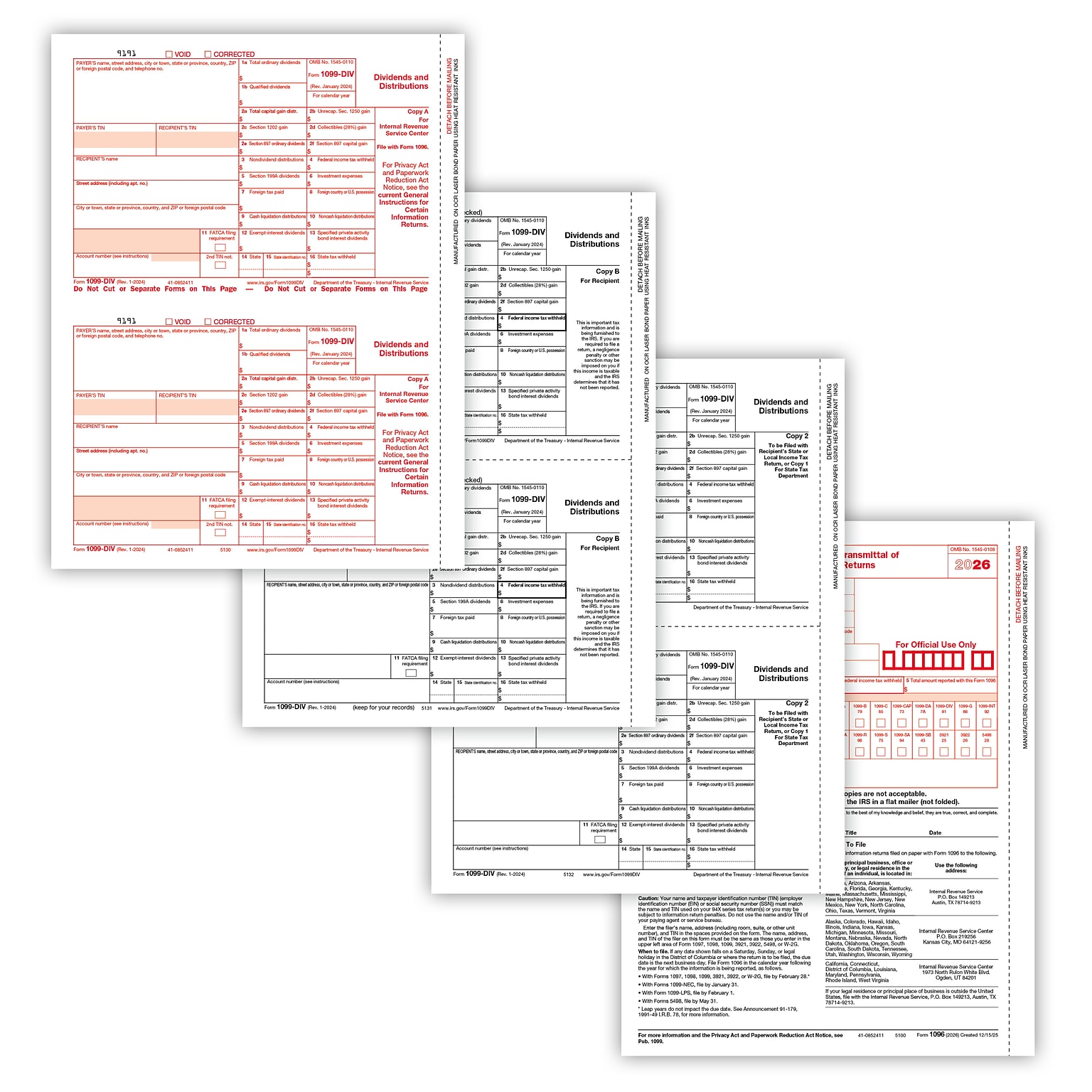 ComplyRight 2026 1099-DIV Tax Form Envelopes, 4-Part, 2-Up, Copies A, B, C and/or State, 10/Pack (610710)