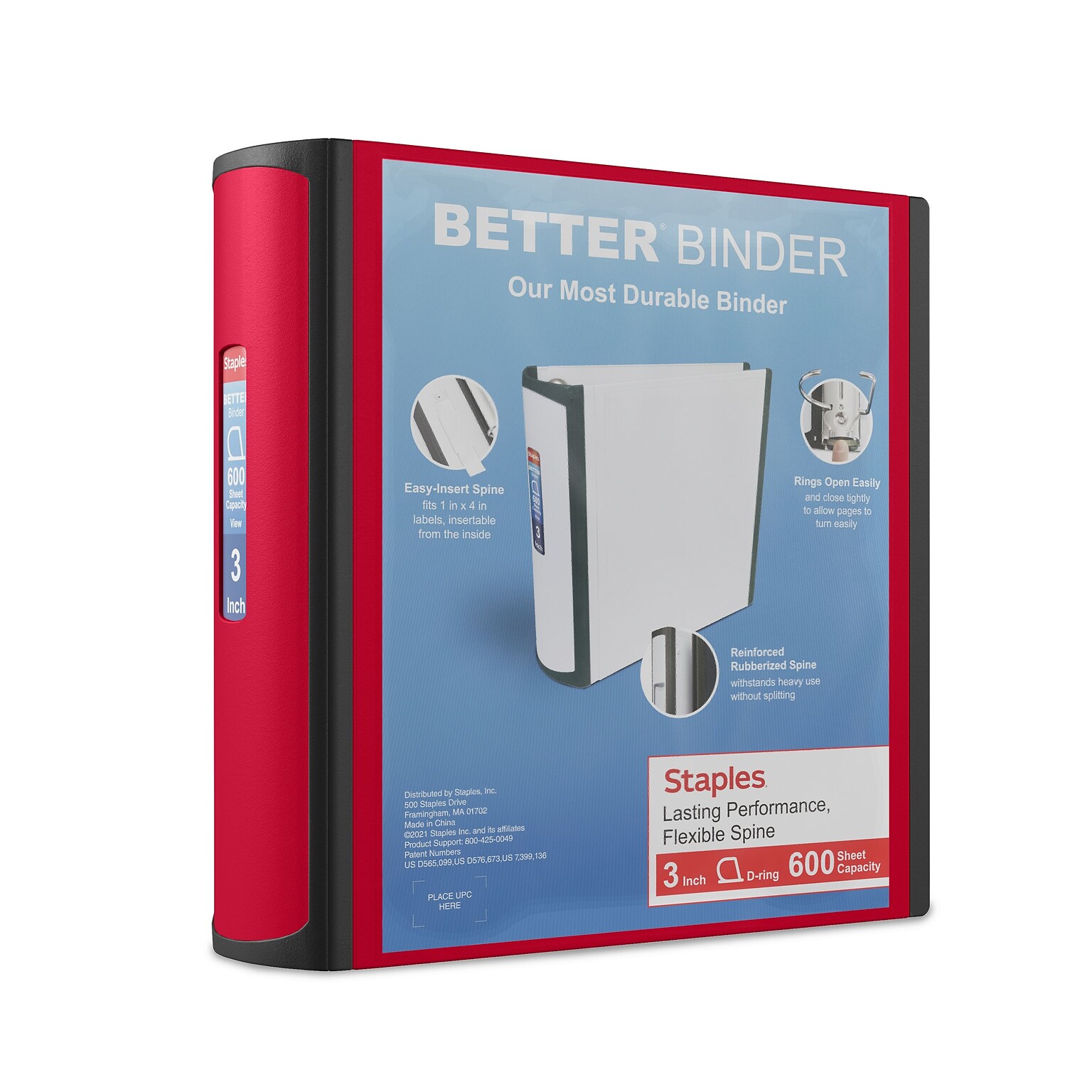 Staples Heavy Duty 3 3-Ring Better Binder, D-Ring, Red (ST55893-CC)