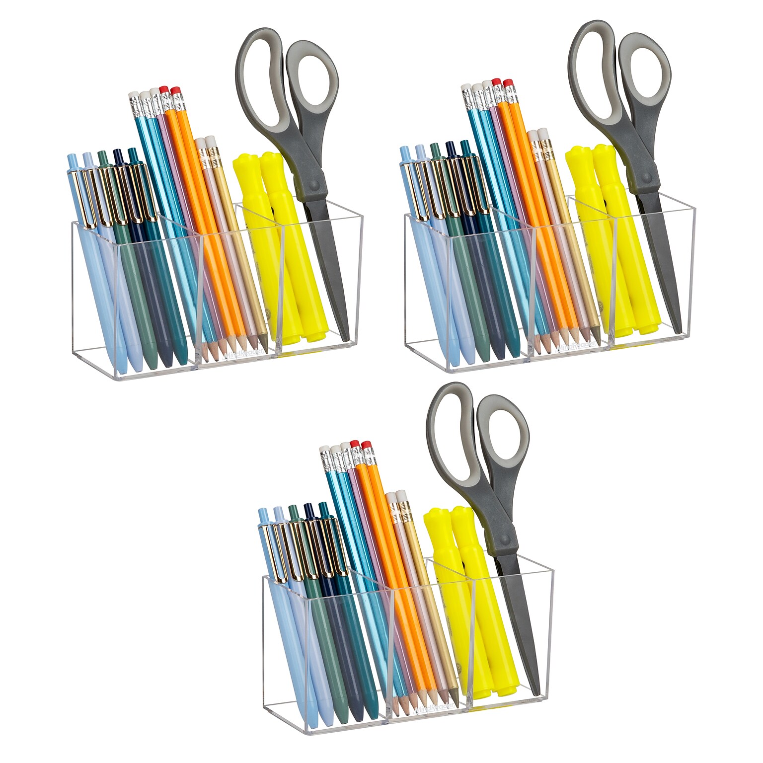 Mind Reader 3-Compartment Plastic Pen and Accessories Holder, Clear, 3/Pack (PENCOMP3-CLR)