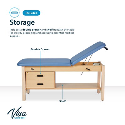Aristo Wood Physician Adjustable Exam Table with Shelf, Dual Drawer Cabinet, Paper Cutter, Holder, 500 lb Capacity, Blue