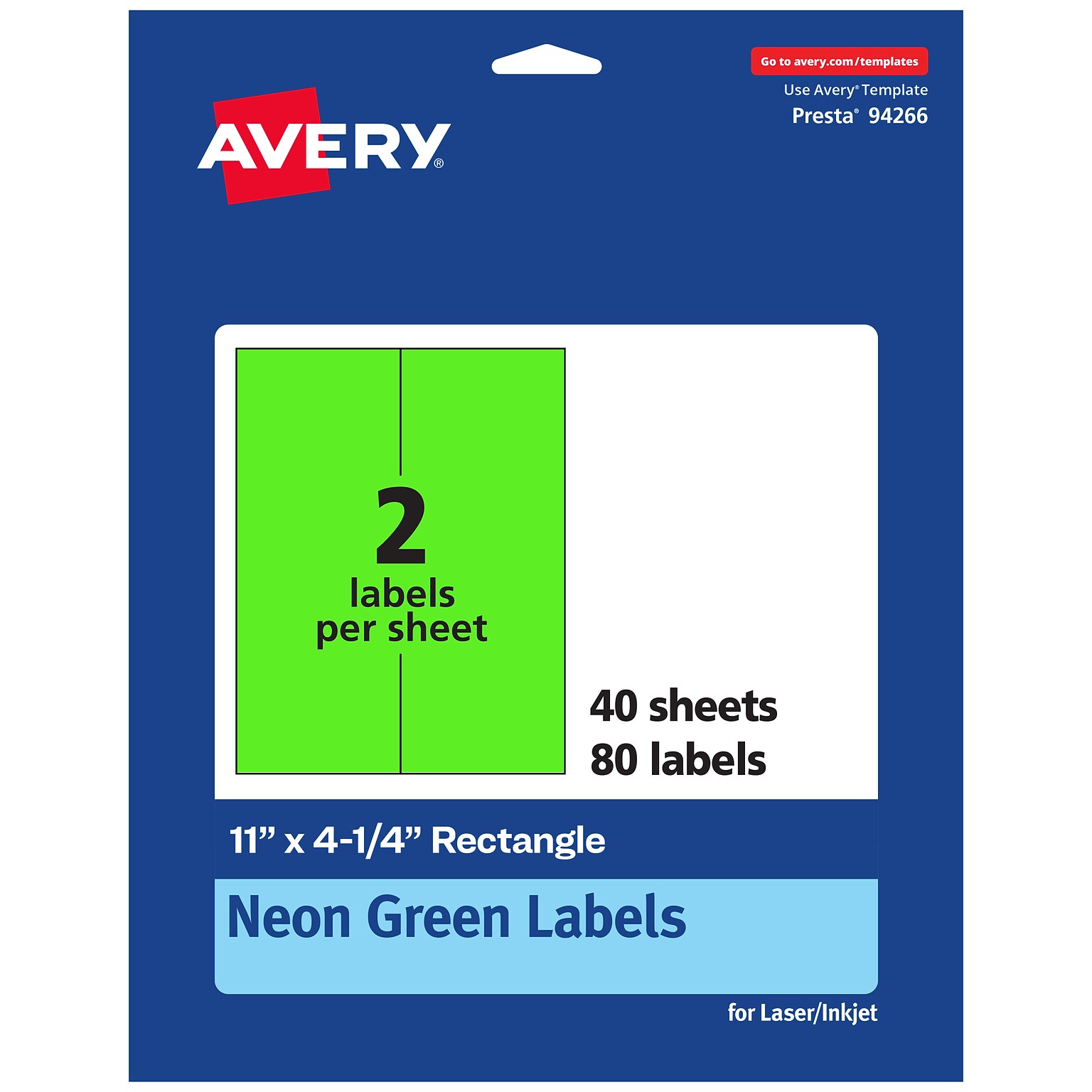 Avery Laser/Inkjet Multipurpose Rectangle Labels, 11 x 4.25, Neon Green, 80/Pack (94266)