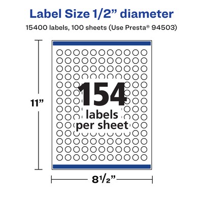 Avery Laser/Inkjet Waterproof Round Multipurpose Labels, 0.5" Dia., White, 15400 Labels/Box (94503)