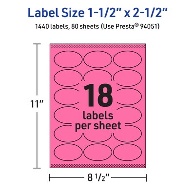 Avery Laser/Inkjet Oval Multipurpose Labels, 1.5" x 2.5", Bright Pink, 1440/Box (94051)